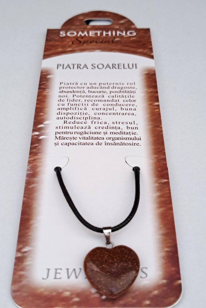 Set Pandantiv inimioara Piatra Soarelui cu felicitare personalizata, pietre sacre aducatoare de noroc