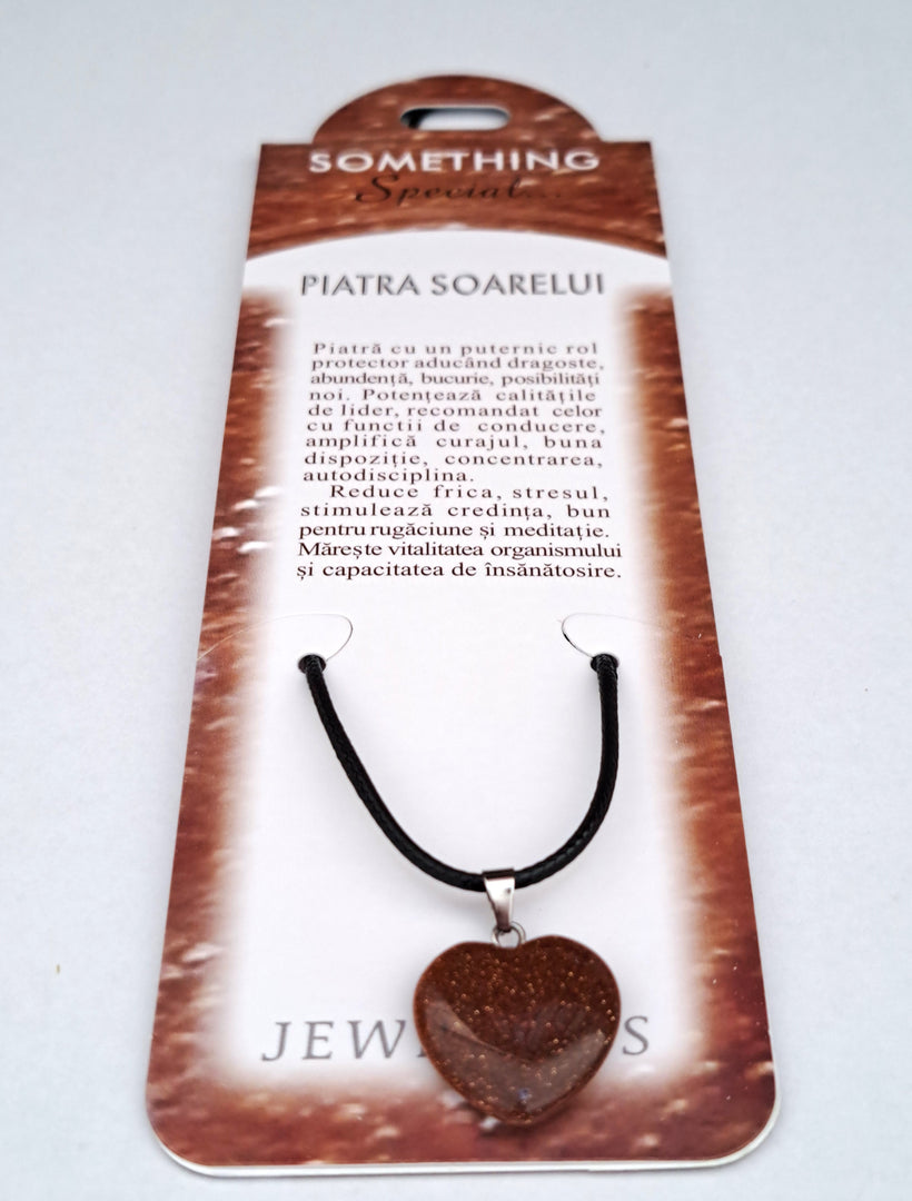 Set Pandantiv inimioara Piatra Soarelui cu felicitare personalizata, pietre sacre aducatoare de noroc