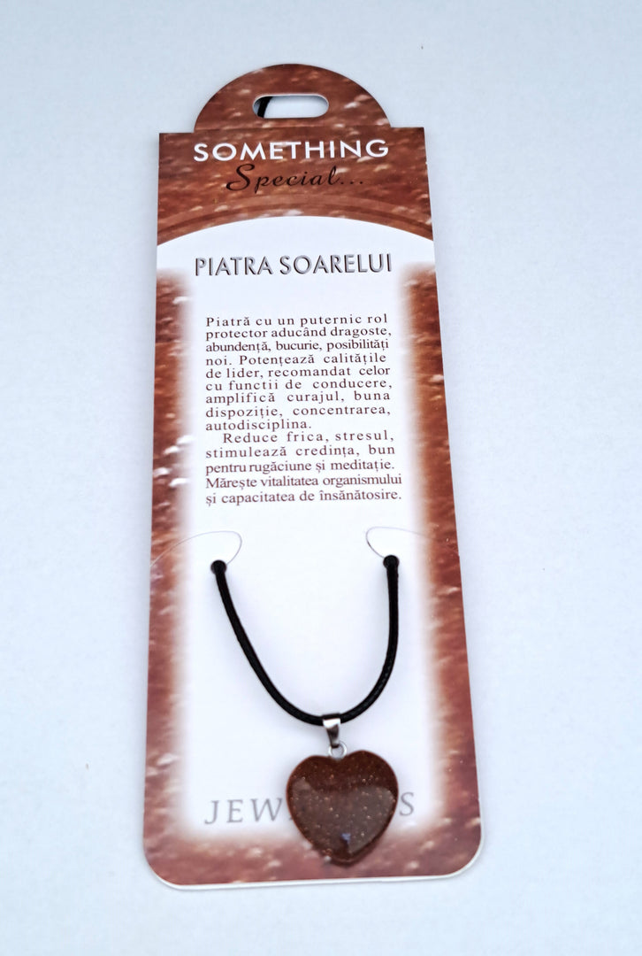 Set Pandantiv inimioara Piatra Soarelui cu felicitare personalizata, pietre sacre aducatoare de noroc