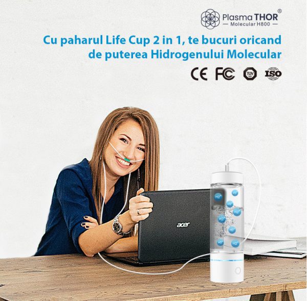 Pahar/Inhalator Hidrogenare si Ionizare apa – Life cup H800, ORP -800 mV, 3000 ppb.